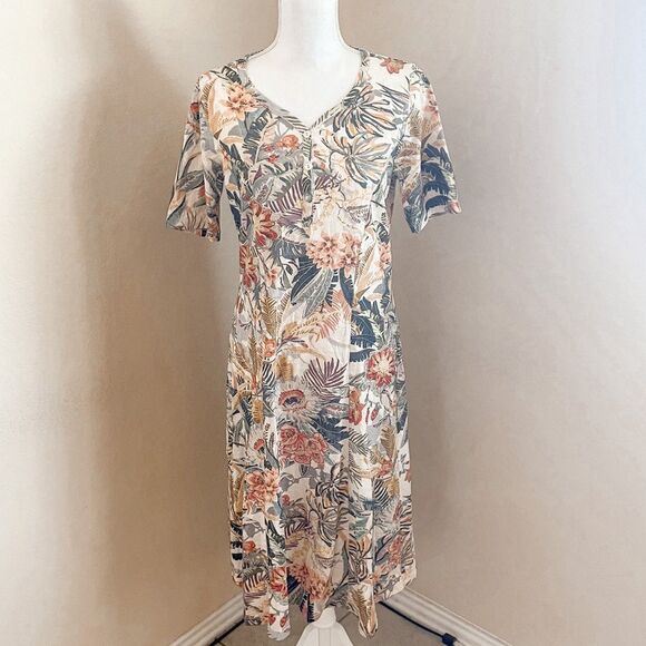 Green Cotton by Peter Hahn Cream Floral Short Sleeve Midi Dress; SZ NL 38; BNWT - Picture 2 of 11